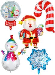 5pcs Christmas Foil Balloons include 1 x Santa Claus, 1 x Candy Cane, 1 x Snowman, 1 x Snowflake, 1 x Round Happy Holidays Giant Balloon Decoration Party Supplies