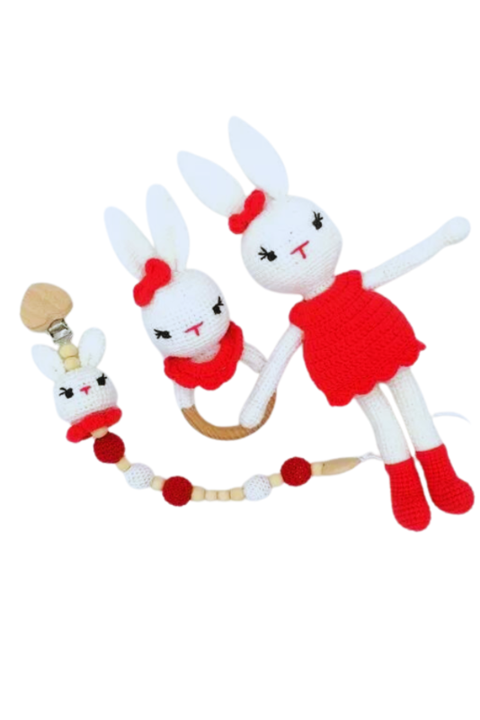 Handmade Natural Wooden and Cotton Crochet Toy Doll with rattle and Pacifier Chain for Baby Friend Amigurumi Crochet Sleeping Buddy for Kids and Adults, Bunny 4 25cm