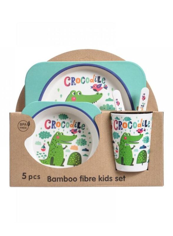 5PCS Unbreakable Kids Plate and Bowl Set for Healthy Mealtime, Bamboo Children Dishware Set with Plate, Bowl, Cup, Fork and Spoon, BPA Free Dishwasher Safe, Crocodile