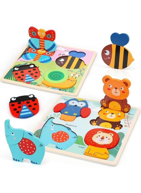 2 Pcs Big size Wooden Puzzles for Toddlers Baby Wood Animal Toys for Kids Jigsaw Puzzle Learning Educational Toys for Toddlers, Vehicles and Forest Animals