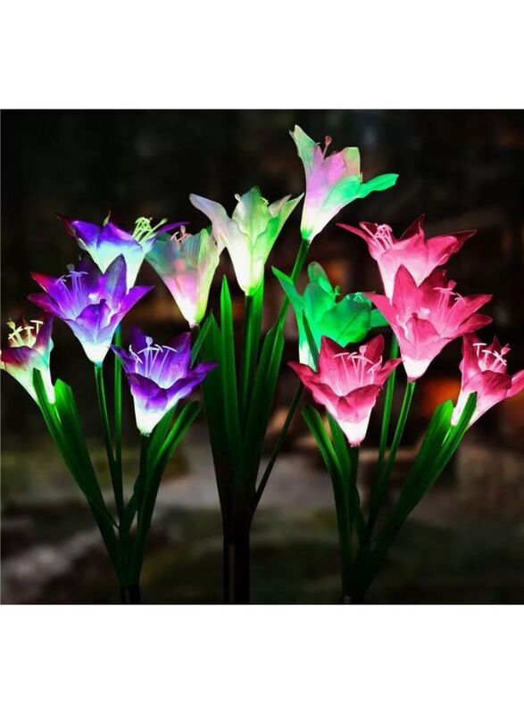 Beautiful Romantic Waterproof Solar Powered LED Simulation Lily Flower Light Lamp Landscape Lighting With Stake For Outdoor Garden Yard Lawn Path Balcony Party Decoration, Red