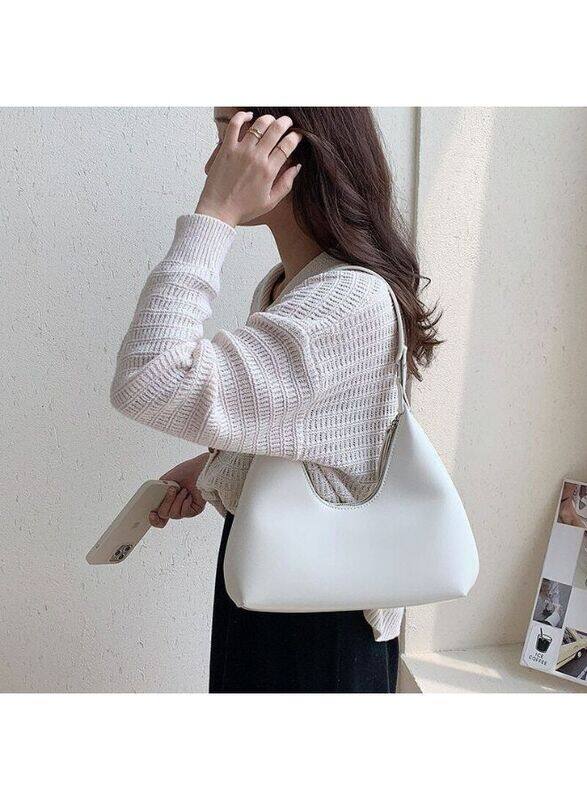 Women's Solid Color Shoulder Bag, Zipper Closure Large Capacity Waterproof Travel Hotel Office Work Handbag, White