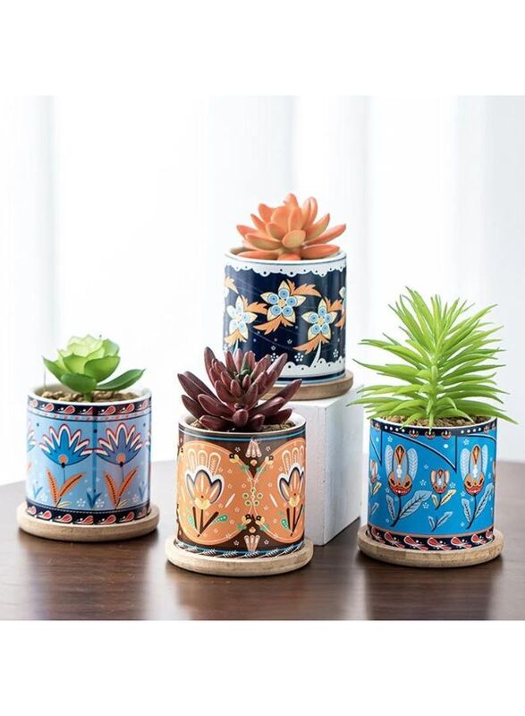 4 Pcs Succulent Plant Pots Small Modern Ceramic Indoor Planter with Bamboo Tray for Cactus Herbs Home Design 5 (Plants Not Included)