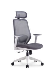 High Back Mesh Office Executive Chair With Headrest, Height Adjustable White Frame Chair, Grey