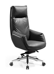 Modern Stylish Height Adjustable with Headrest Executive Office Chair with Genuine Leather Seats for Office, Home, Black