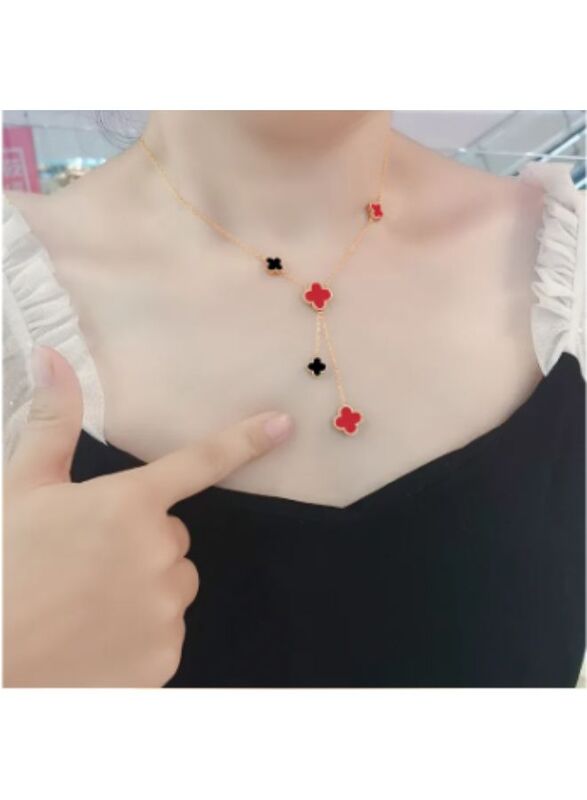 Stylish Double Sided Red and Black Coloured Clover Shell Pendant Necklace for Women - Timeless Beauty in Stainless Steel 18k