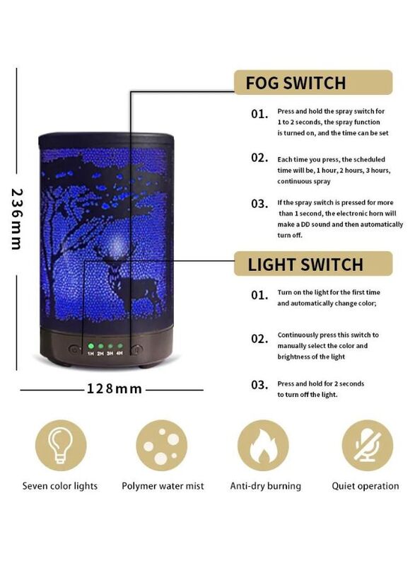 Essential Oil Diffuser With 120 Ml Capacity. Metal Aromatherapy Diffuser With Auto Shut Off Protection, Waterless, 7 Selectable Led Colors, for Home, Office, Spa, Deer