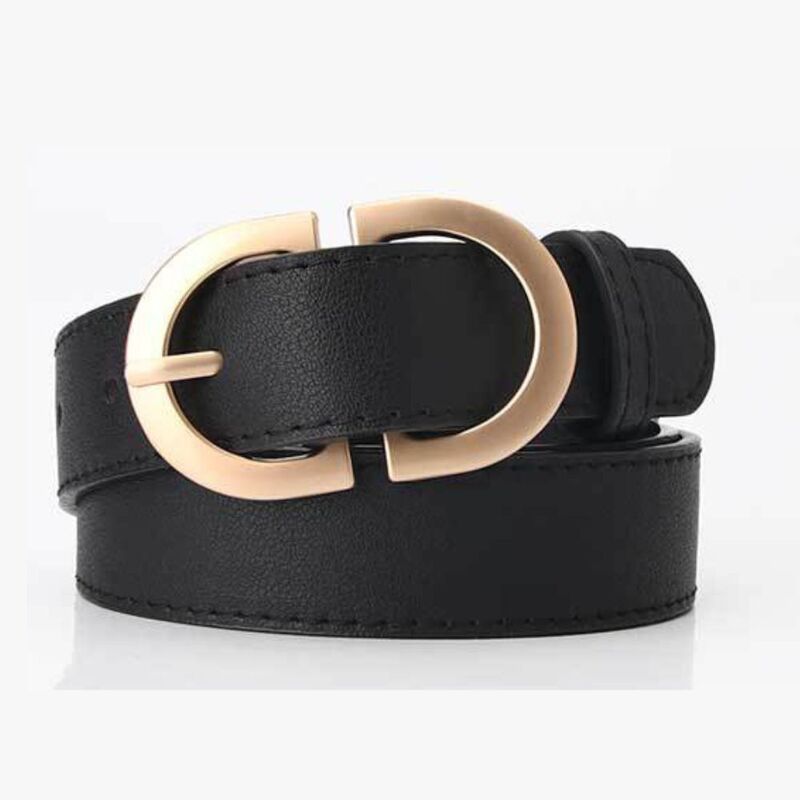Gold Double Ring Buckle Leather Belt For Ladies, Luxury Design Casual Jeans Thin Waist Seal Leather Belt for Women, Black