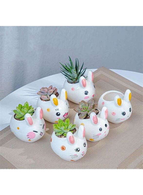 6 Pcs Lovely Cartoon Rabbit Succulent Ceramic Flower Pot Cute Animal Mini Green Plant Basin Planter Home Decoration Fairy Gardening