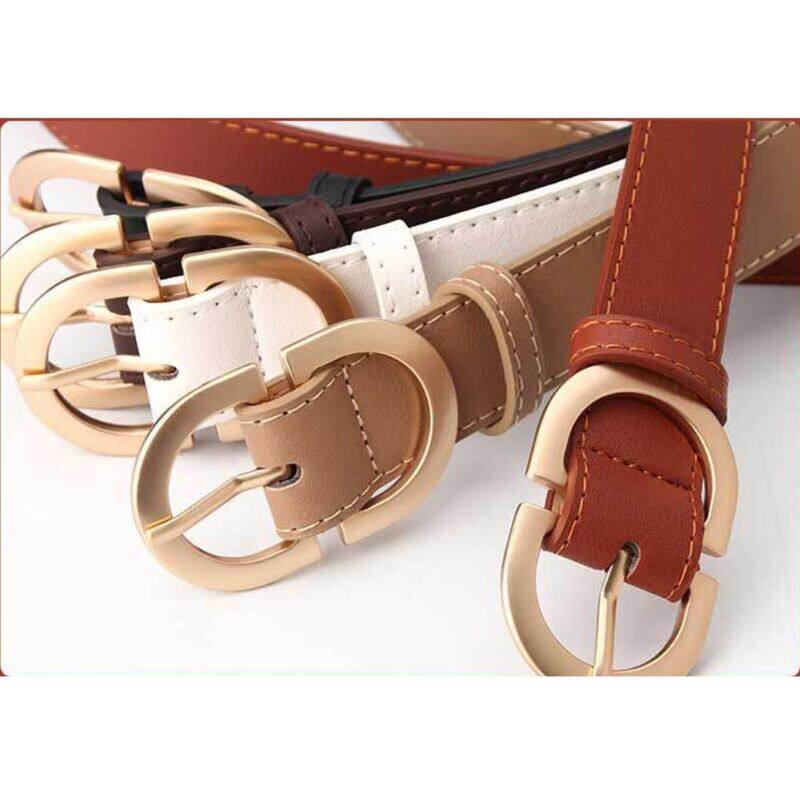 Gold Double Ring Buckle Leather Belt For Ladies, Luxury Design Casual Jeans Thin Waist Seal Leather Belt for Women, Dark Brown