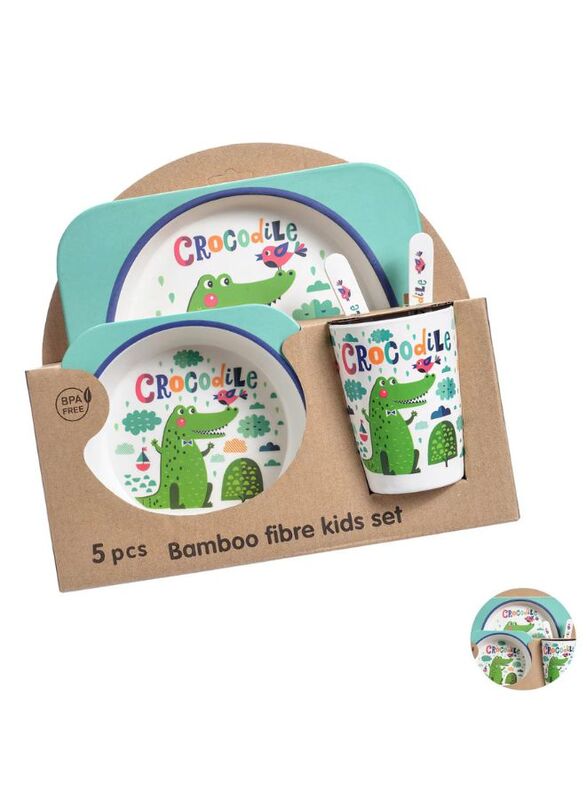 5PCS Unbreakable Kids Plate and Bowl Set for Healthy Mealtime, Bamboo Children Dishware Set with Plate, Bowl, Cup, Fork and Spoon, BPA Free Dishwasher Safe, Crocodile