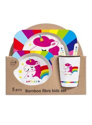 5PCS Unbreakable Kids Plate and Bowl Set for Healthy Mealtime, Bamboo Children Dishware Set with Plate, Bowl, Cup, Fork and Spoon, BPA Free Dishwasher Safe, Unicorn