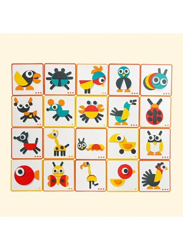 Wooden Pattern Blocks Geometric Shapes Animals Puzzle Early Educational Toys Tangram Set for Kids with 20 Design Cards