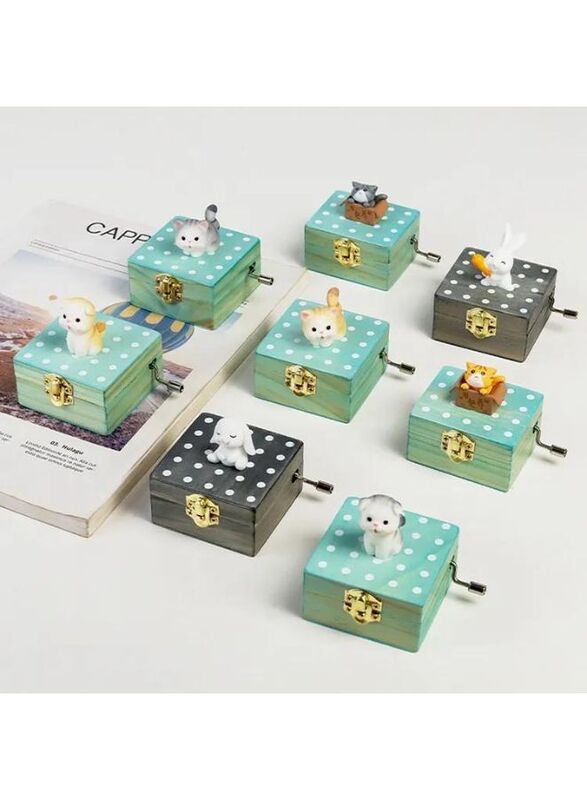 Cute animal hand crank music box wooden crafts ornaments music box, Mini Gift Wrapped Wooden Hand Crank Music Box with Lovely Pet, Grey Dog