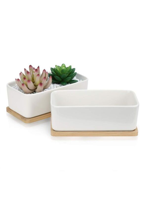 2 Pcs White Ceramic Rectangle Planter with Bamboo Tray, Planters for Succulents, Indoor Home Decor, 2 Rectangle Cactus Pot Set