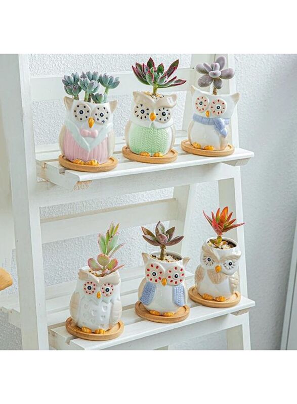 6 Pcs Owl Ceramic Succulent Planter Pots with Drainage Hole, Flowing Glaze Porcelain Handicraft Plant Holder Container for Home Office Garden Decoration Set of 6