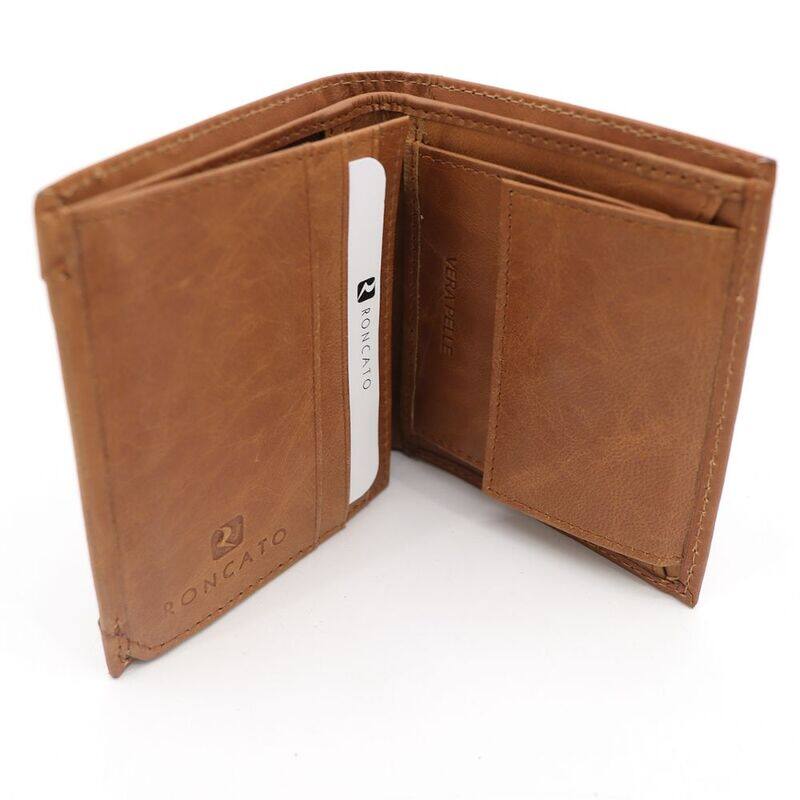 R Roncato Leather Wallet, Equipped With Spaces for Credit Cards, Documents in Card Format and Banknotes, Camel