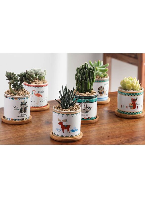 6 Pcs Geometric Succulent Planter, Set of 6 Painted Ceramic Succulent Cactus Square Planter Pots with Bamboo Tray(Plants NOT Included)