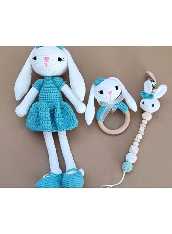 Handmade Natural Wooden and Cotton Crochet Toy Doll with rattle and Pacifier Chain for Baby Friend Amigurumi Crochet Sleeping Buddy for Kids and Adults, Bunny 5 25cm