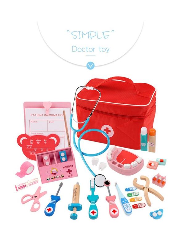 Wooden Pretend Play Doctor Set Educational Toys For Kids Simulation Medicine Chest Kit Dentist Nurse Games Medical Toys For Kids, Red