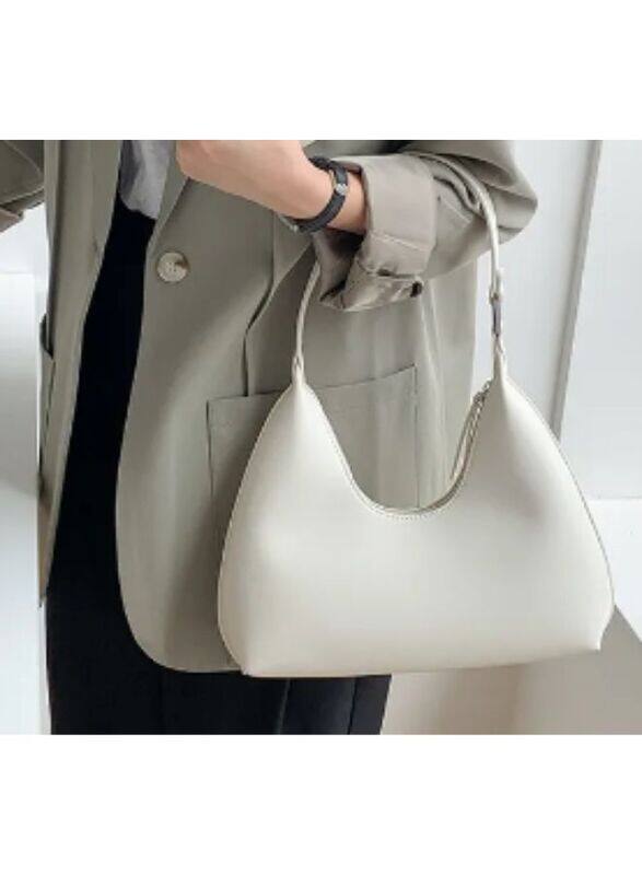 Women's Solid Color Shoulder Bag, Zipper Closure Large Capacity Waterproof Travel Hotel Office Work Handbag, White