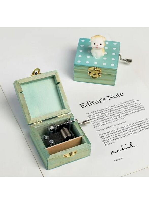 Cute animal hand crank music box wooden crafts ornaments music box, Mini Gift Wrapped Wooden Hand Crank Music Box with Lovely Pet, Grey Dog