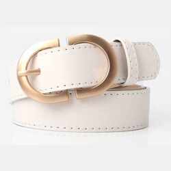 Gold Double Ring Buckle Leather Belt For Ladies, Luxury Design Casual Jeans Thin Waist Seal Leather Belt for Women, White