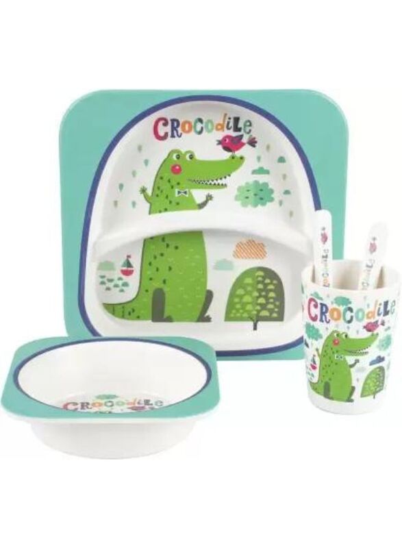 5PCS Unbreakable Kids Plate and Bowl Set for Healthy Mealtime, Bamboo Children Dishware Set with Plate, Bowl, Cup, Fork and Spoon, BPA Free Dishwasher Safe, Crocodile