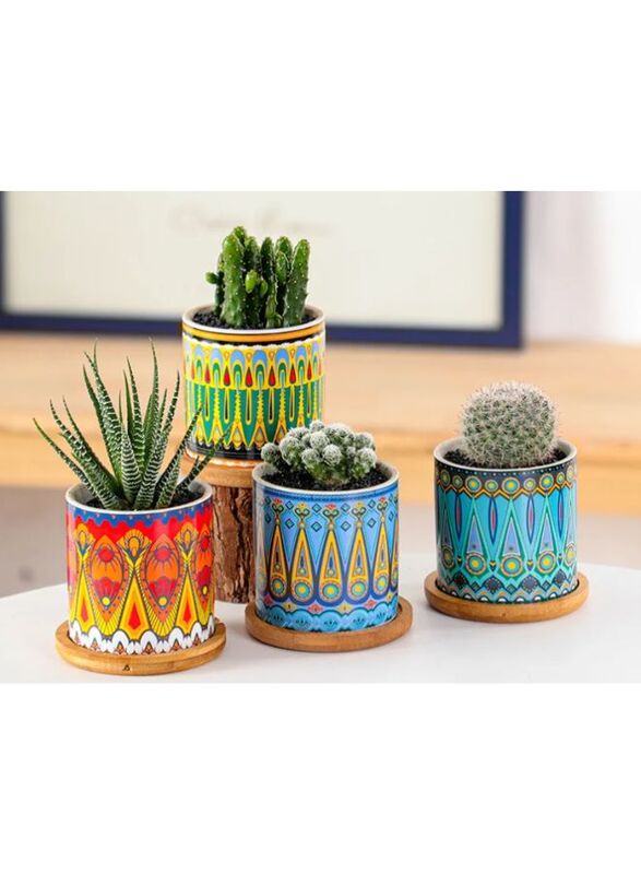 4 Pcs Succulent Plant Pots Small Modern Ceramic Indoor Planter with Bamboo Tray for Cactus Herbs Home Design 2 (Plants Not Included)