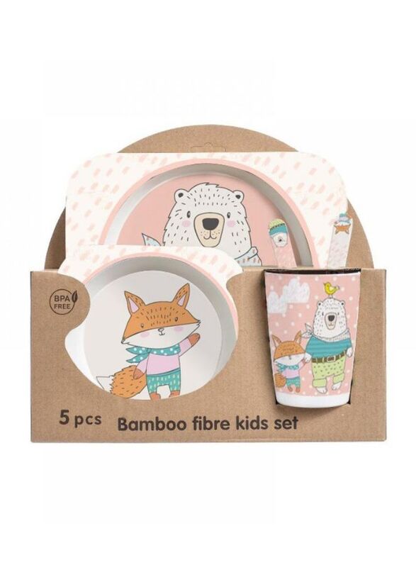 5PCS Unbreakable Kids Plate and Bowl Set for Healthy Mealtime, Bamboo Children Dishware Set with Plate, Bowl, Cup, Fork and Spoon, BPA Free Dishwasher Safe, Fox