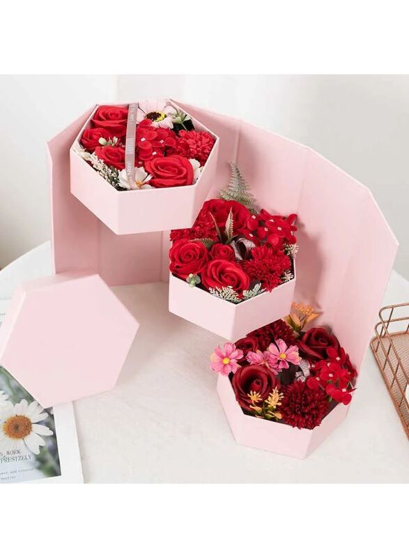 Hexagon Shape Surprise Flower Gift Box, 3 Tier, Gift for anniversary, wedding and Valentine's Day (Pink)