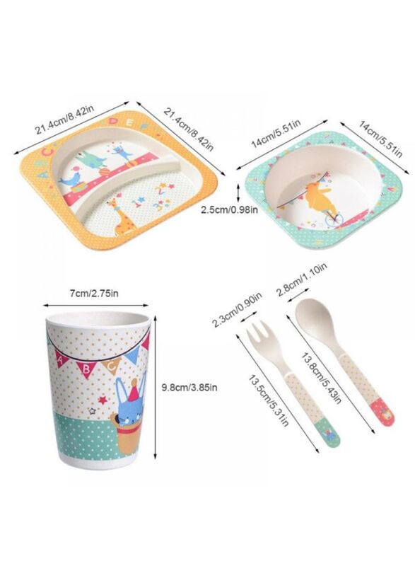 5PCS Unbreakable Kids Plate and Bowl Set for Healthy Mealtime, Bamboo Children Dishware Set with Plate, Bowl, Cup, Fork and Spoon, BPA Free Dishwasher Safe, Elephant