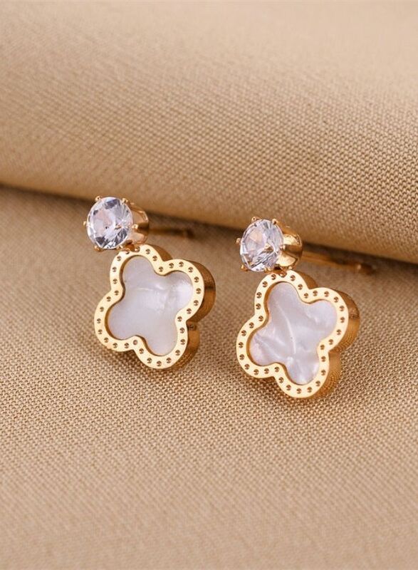 Four Leaf Clover Earrings for Women , Lucky 4 Leaf Ear Studs Jewelry Gift for Mother and Daughter , White