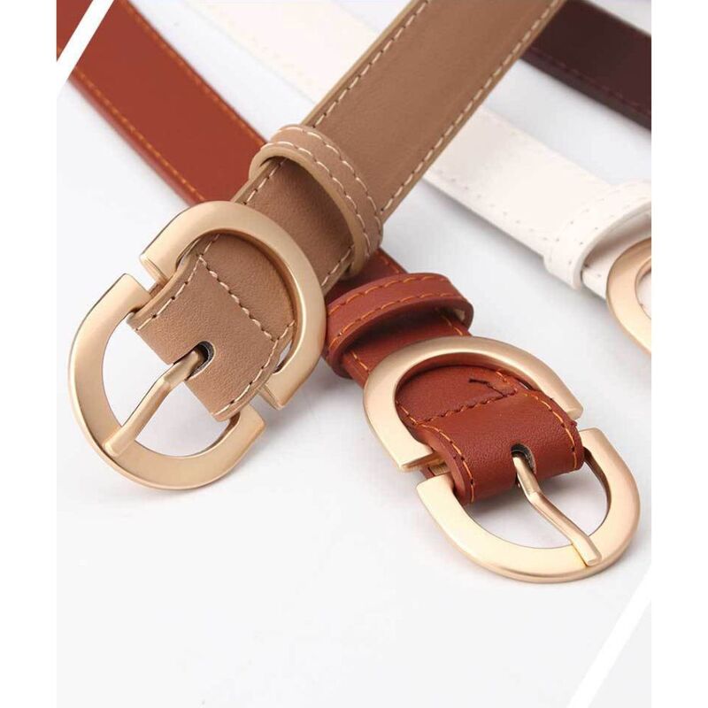 Gold Double Ring Buckle Leather Belt For Ladies, Luxury Design Casual Jeans Thin Waist Seal Leather Belt for Women, Khakhi