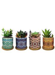 4 Pcs Succulent Plant Pots Small Modern Ceramic Indoor Planter with Bamboo Tray for Cactus Herbs Home Design 6 (Plants Not Included)