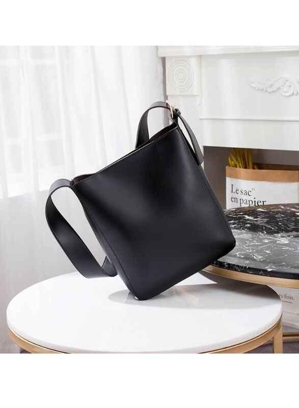 Vintage Simple Women Bucket Bag Handbag, Large Capacity Shoulder Bag Totes Solid Color Underarm Bag, Black