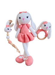 Handmade Natural Wooden and Cotton Crochet Toy Doll with rattle and Pacifier Chain for Baby Friend Amigurumi Crochet Sleeping Buddy for Kids and Adults, Bunny 2 25cm