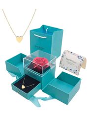 Rose Flower Jewelry Storage Box and Heart Pendant Necklace Greeting Card and Bag included, Rose Gift for Girlfriend/Mother/Wife on Anniversary Valentine's Day Mother's Day