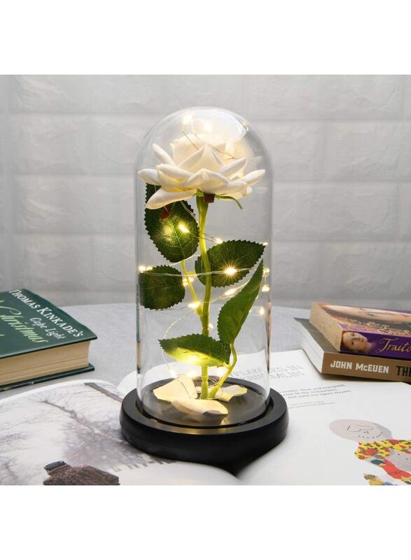 Enchanted Flower with Petals in Glass Dome Personalized Gifts for Women Girlfriend Valentine’s Day Mother’s Day Christmas Anniversary Birthday, White