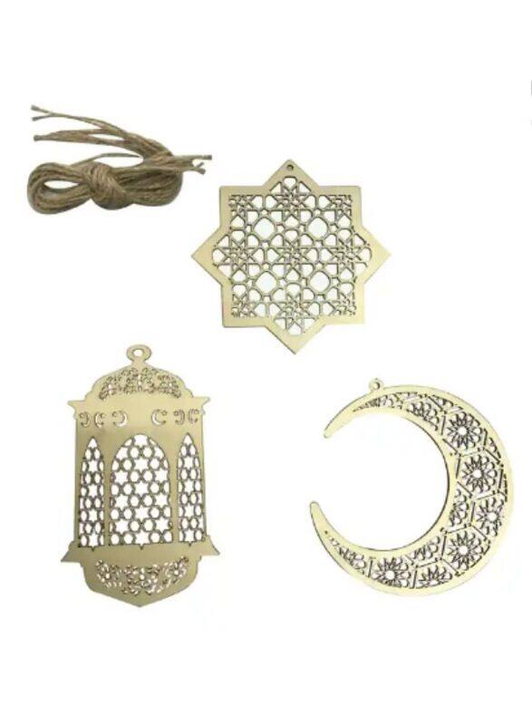 

Generic 3 Pieces Wooden Hollow Pendant Ornament Eid Ramadan Festive DIY Decorations with Hanging Moon Star Wind Light Shape Ornament for Eid Mubarak, Home Wed
