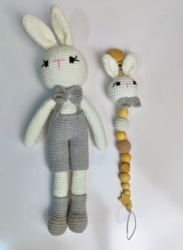 Handmade Natural Wooden and Cotton Crochet Toy Doll with rattle and Pacifier Chain for Baby Friend Amigurumi Crochet Sleeping Buddy for Kids and Adults, Bunny 3 25cm