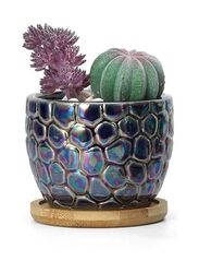 Small textured Indoor Plant Pot with drainage hole and tray, Dark Blue