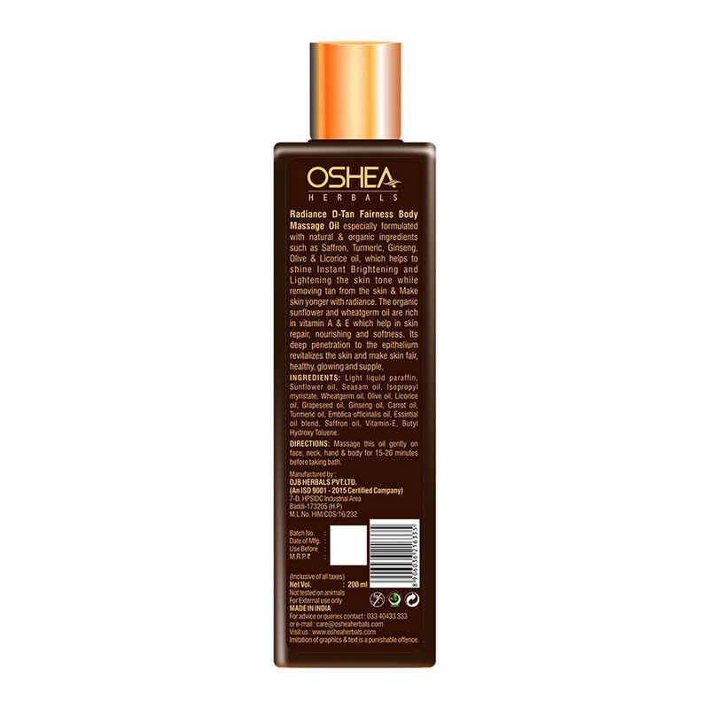 Oshea Herbals Radiance D Tan Fairness Body Massage Oil, 200ml