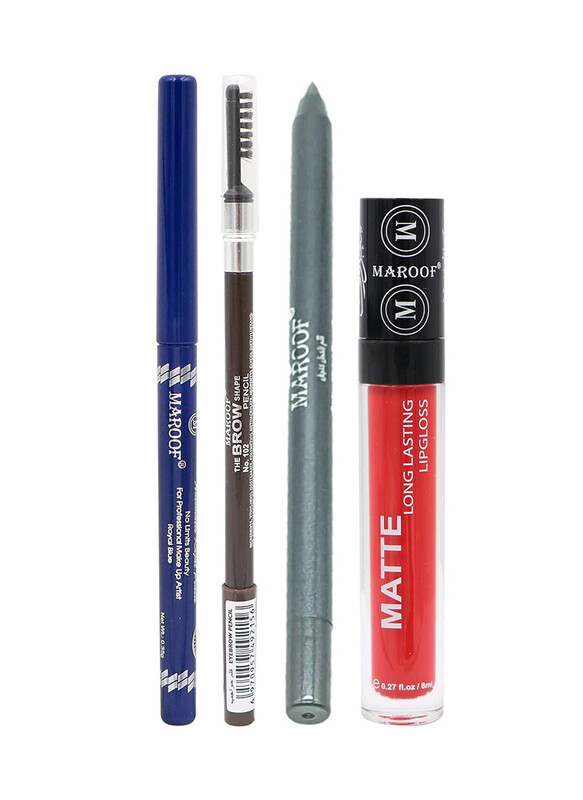 Maroof Matte Lipgloss With Eye Kajal Pencil Duo Set And Brow Pencil Combo, Pack of 4, Multicolour