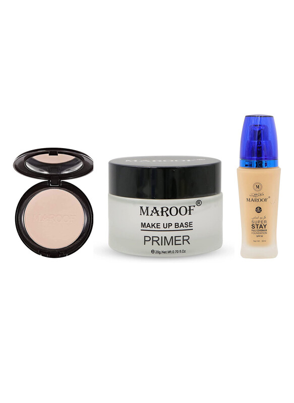 

Maroof Makeup Base Primer With Face Powder And SPF30 Liquid Foundation Combo, Pack of 3, Multicolour