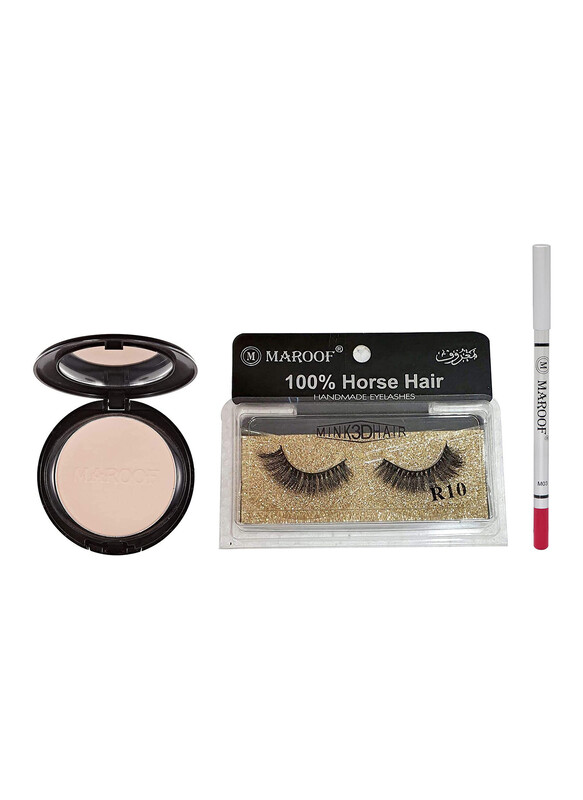 Maroof Eye and Lip Liner Soft Pencil With Face Powder And Horse Hair False Eyelashes Combo, Pack of 3, Multicolour