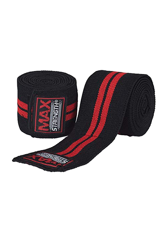 Maxstrength Heavy Duty Elasticated Knee Support Wraps for Weight Lifting with Velcro Closure, 1 Pair, Black/Red