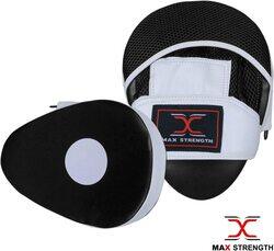 MaxStrength 8oz Boxing Gloves and Curved Focus Pads MMA Boxing Kick Training Hook & Jabs Pro Set, Black/White