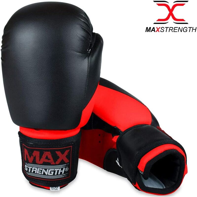 MaxStrength 10oz Boxing Gloves and Curved Focus Pads MMA Boxing Kick Training Hook & Jabs Pro Set, Red/Black