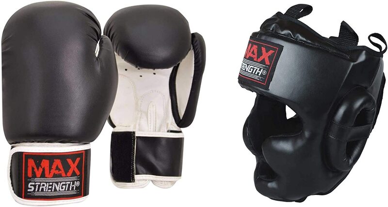 MaxStrength 12oz Large Boxing Headguard & Boxing Gloves, Black